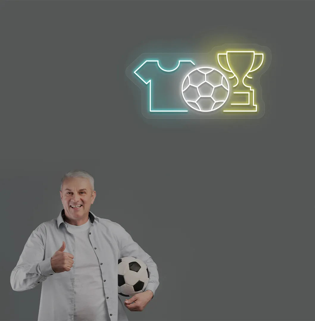 Trendy football trophy and jersey neon sign in yellow mounted on aesthetic room wall.