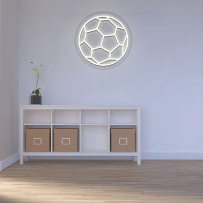 A bright warm white football neon sign is glowing on the wall. perfect for game rooms, sports areas, living rooms, and sports cafés.