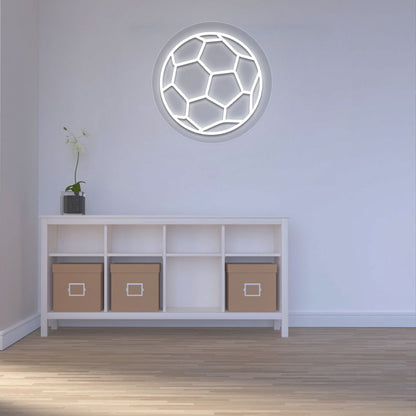 Image of a football neon sign mounted on wall in white color.