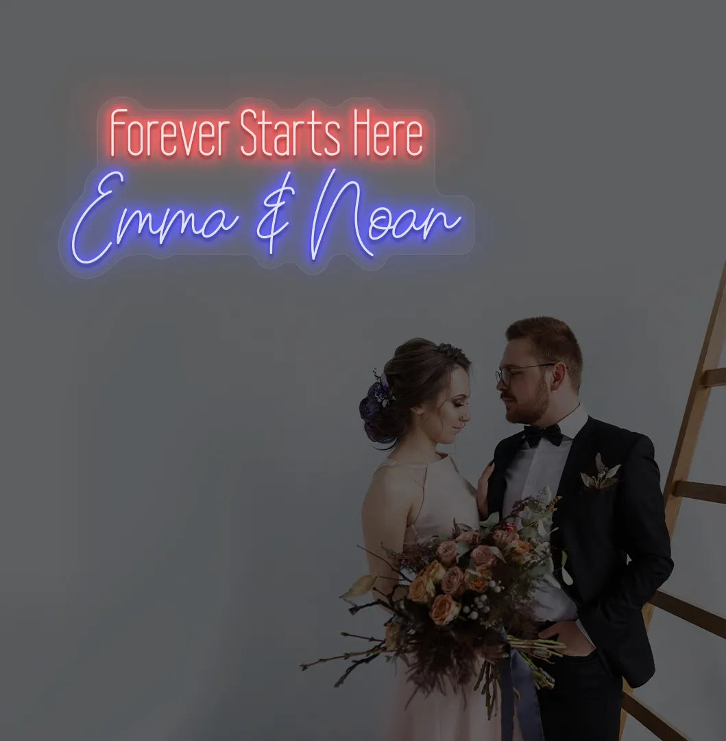 Romantic Forever Starts Here personalized name neon sign glowing blue on aesthetic wall.