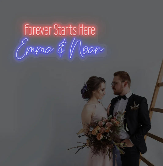 Romantic Forever Starts Here personalized name neon sign glowing blue on aesthetic wall.