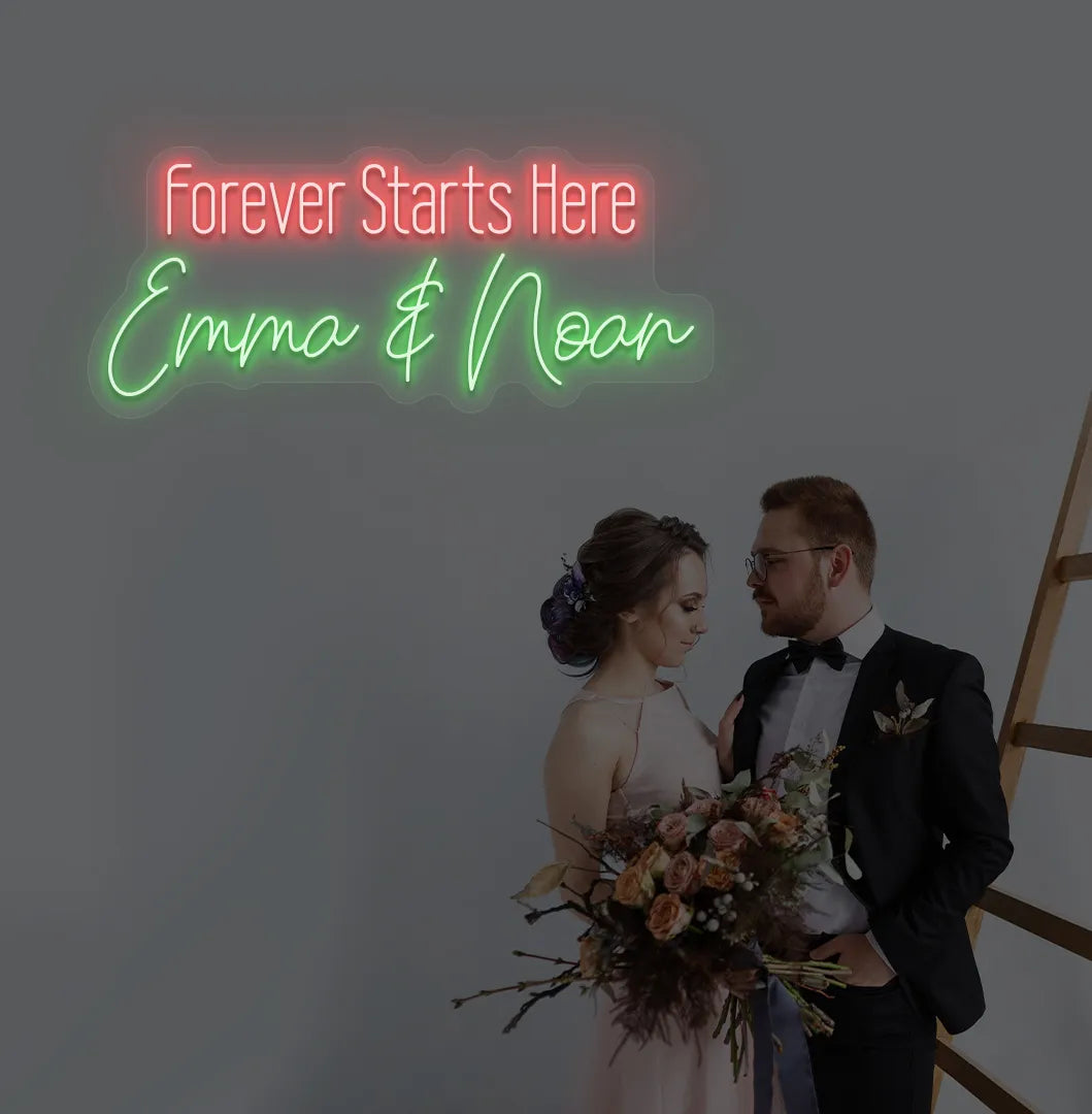 Personalized Forever Starts Here neon sign with custom names mounted on modern wedding backdrop wall in green color.