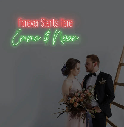 Personalized Forever Starts Here neon sign with custom names mounted on modern wedding backdrop wall in green color.