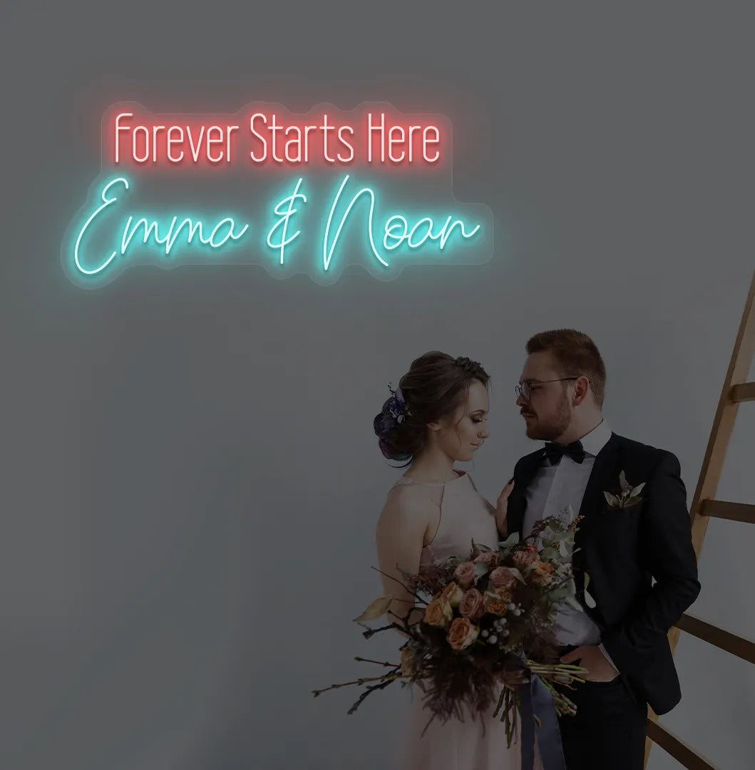 Romantic Forever Starts Here personalized name neon sign glowing ice blue on aesthetic wall.