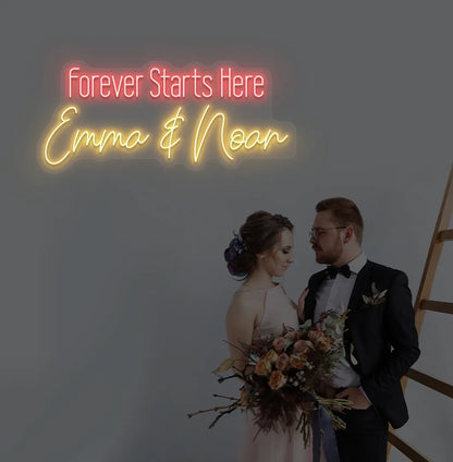 Personalized Forever Starts Here neon sign with custom names mounted on modern wedding backdrop wall in orange color.