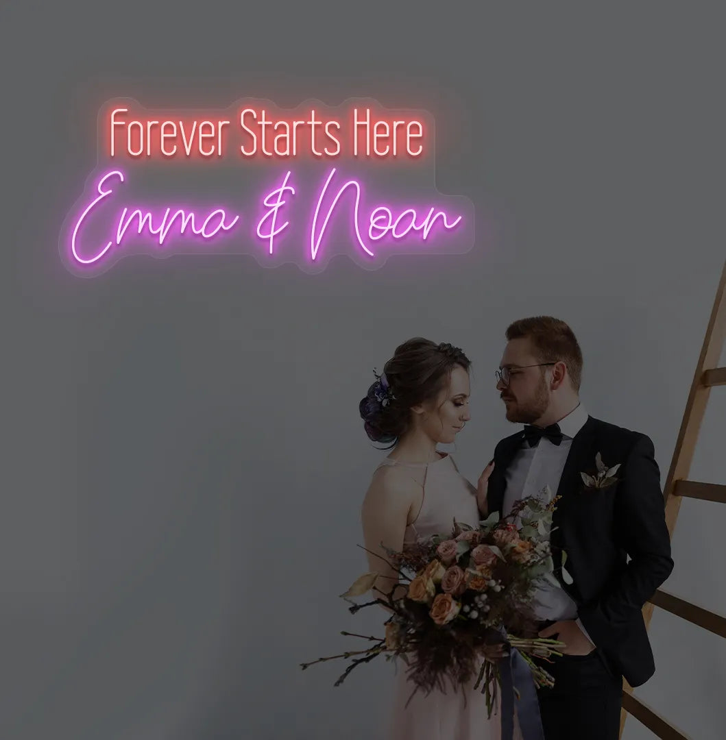 Romantic Forever Starts Here personalized name neon sign glowing pink on aesthetic wall.