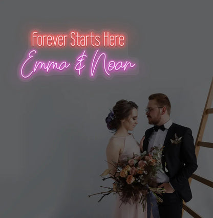Personalized Forever Starts Here neon sign with custom names mounted on modern wedding backdrop wall in purple color.