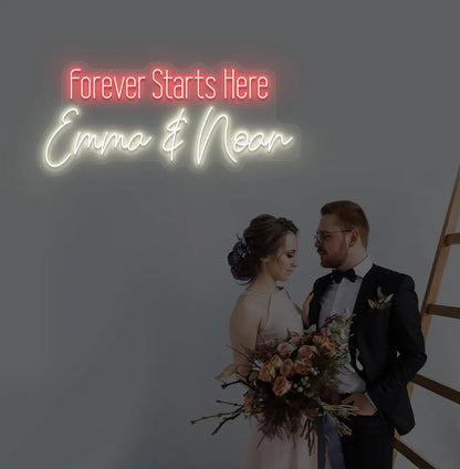 Personalized Forever Starts Here neon sign with custom names mounted on modern wedding backdrop wall in warm white color.