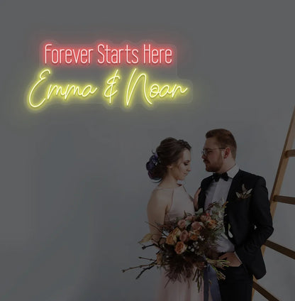 Personalized Forever Starts Here neon sign with custom names mounted on modern wedding backdrop wall in yellow color.