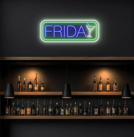Modern wall decor with Friday neon sign glowing blue with cocktail icon.