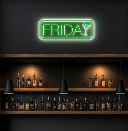 Friday neon sign glowing green with cocktail symbol on aesthetic wall.