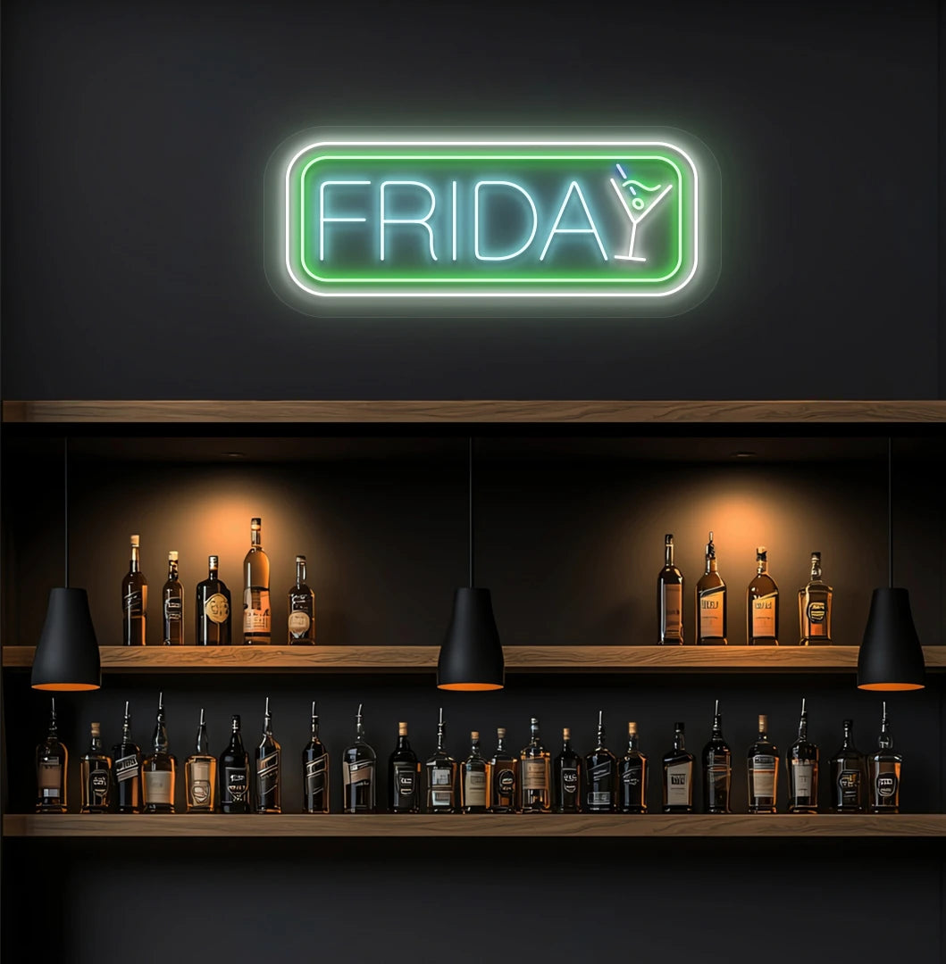 Modern wall decor with Friday neon sign glowing green with cocktail icon.