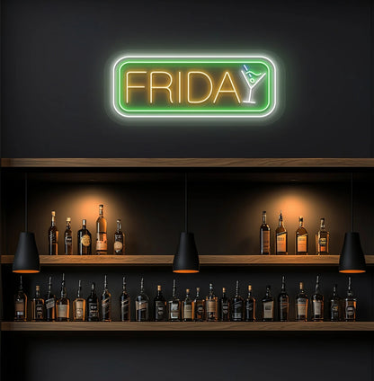Friday neon sign glowing orange with cocktail symbol on aesthetic wall