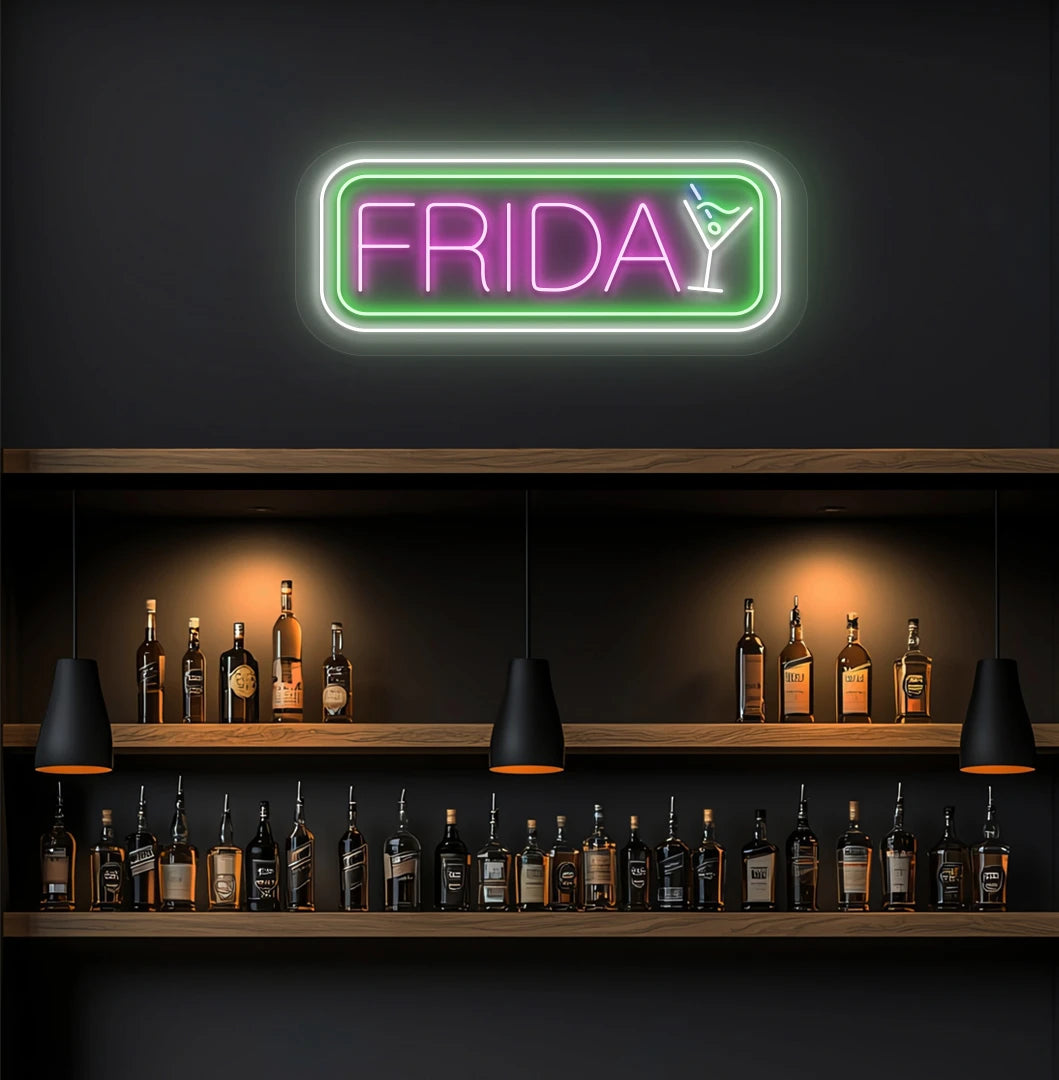 Modern wall decor with Friday neon sign glowing pink with cocktail icon.