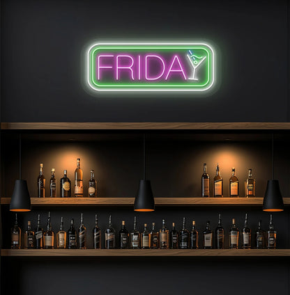Modern wall decor with Friday neon sign glowing pink with cocktail icon.