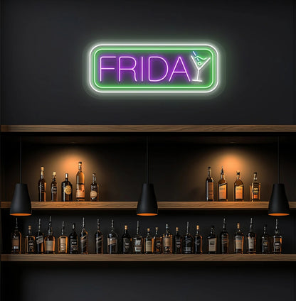 Friday neon sign glowing purple with cocktail symbol on aesthetic wall