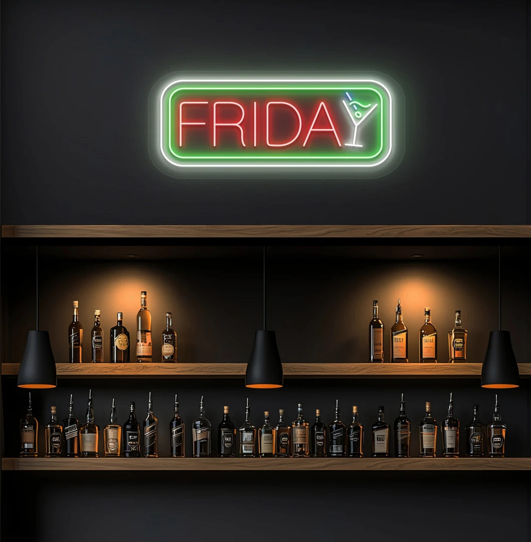 Modern wall decor with Friday neon sign glowing red with cocktail icon.