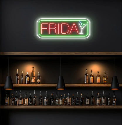 Modern wall decor with Friday neon sign glowing red with cocktail icon.