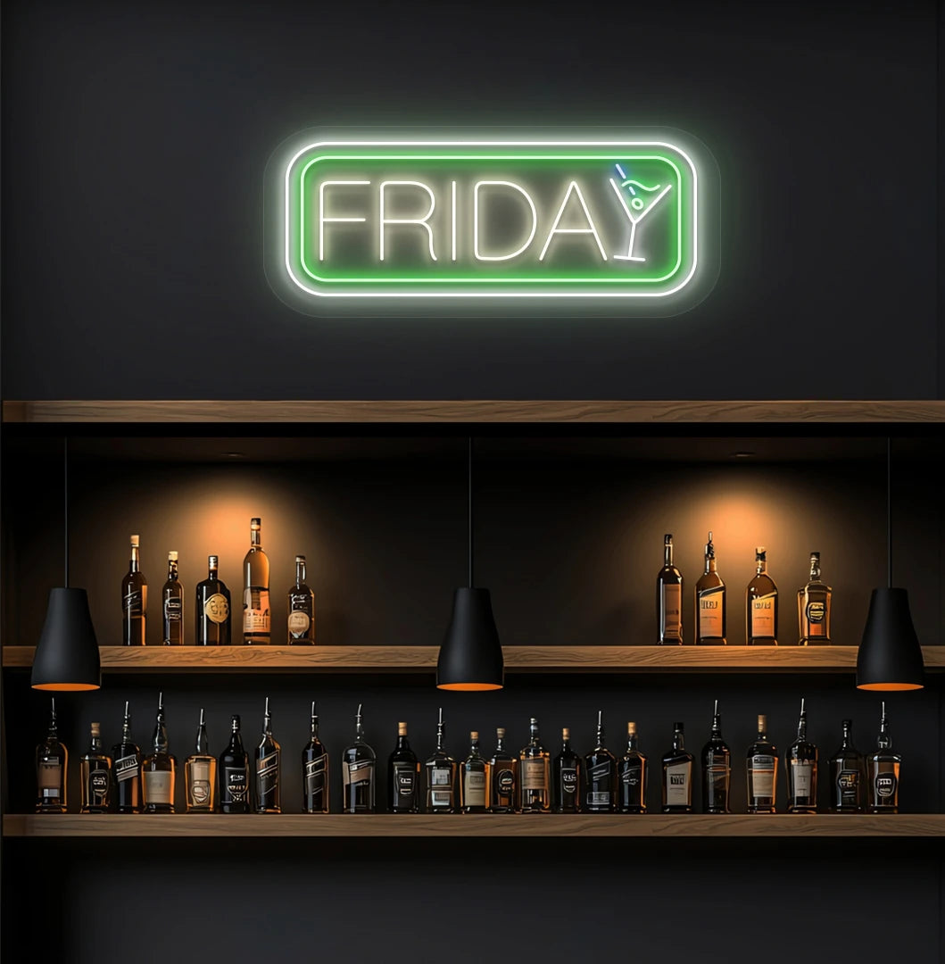 Friday neon sign glowing warm white with cocktail symbol on aesthetic wall