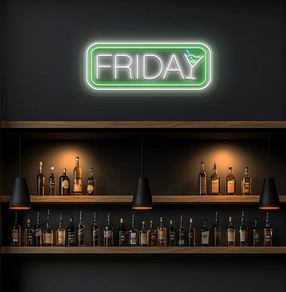 Modern wall decor with Friday neon sign glowing white with cocktail icon.