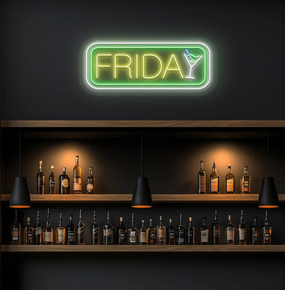 Friday neon sign glowing yellow with cocktail symbol on aesthetic wall