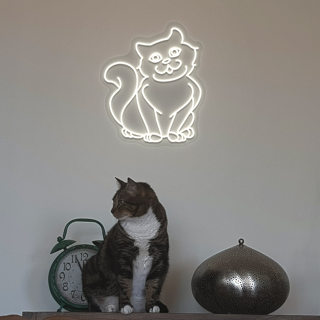 Image of a cat LED neon sign hanging on a wall in warm white color above a cute cat.