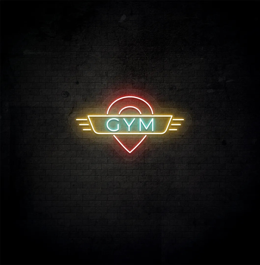 Image of an aesthetic gym wall with GYM neon sign glowing ice blue.