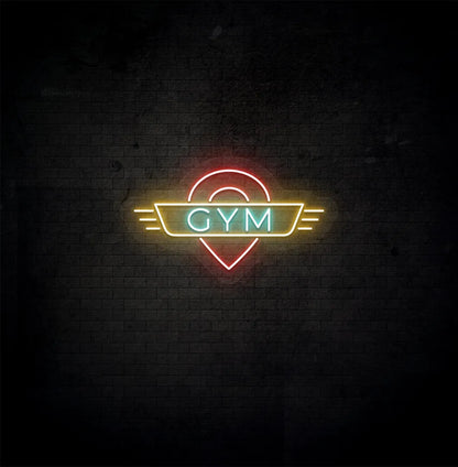 Image of an aesthetic gym wall with GYM neon sign glowing ice blue.