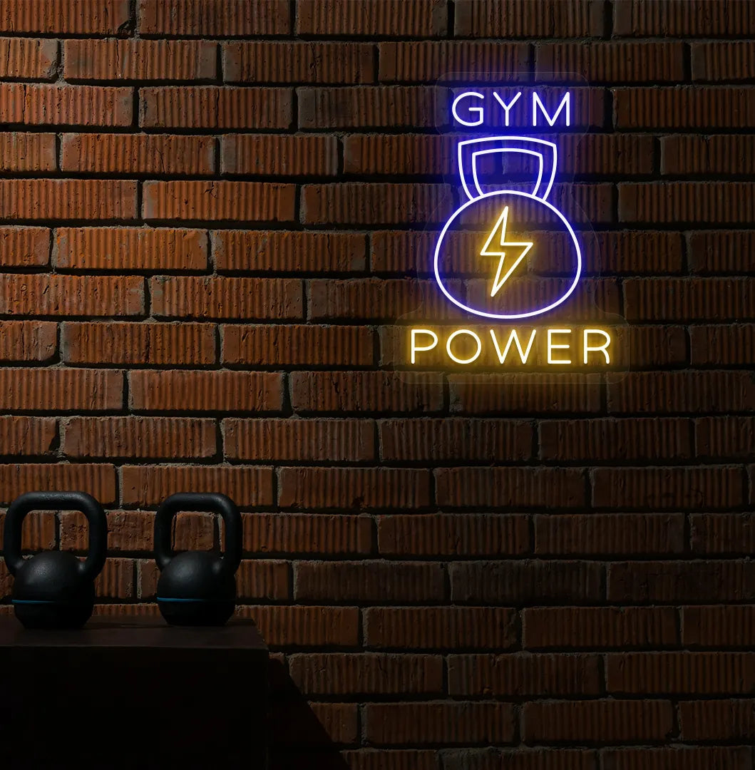 Image of a bright blue GYM power LED neon sign for gym wall decor.
