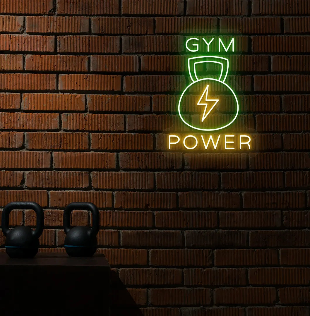 Green GYM power LED neon sign for workout room wall setup.