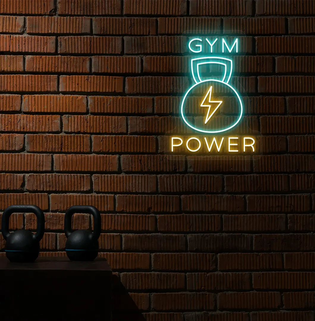 Image of a bright ice blue GYM power LED neon sign for gym wall decor.