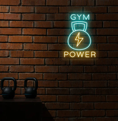 Image of a bright ice blue GYM power LED neon sign for gym wall decor.