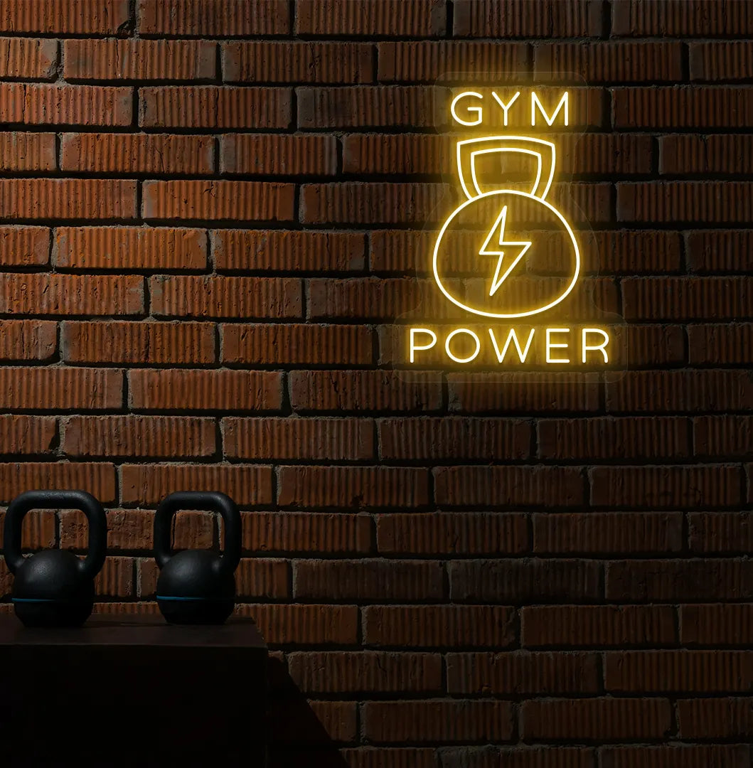 Orange GYM power LED neon sign for workout room wall setup.