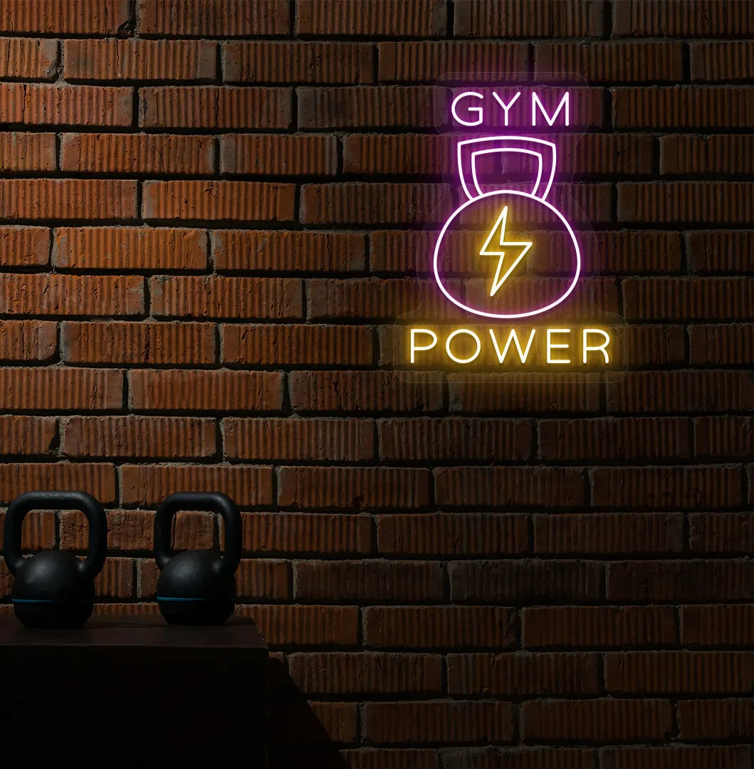Purple GYM power LED neon sign for workout room wall setup.
