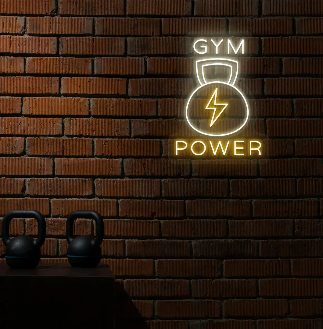 Warm white GYM power LED neon sign for workout room wall setup.