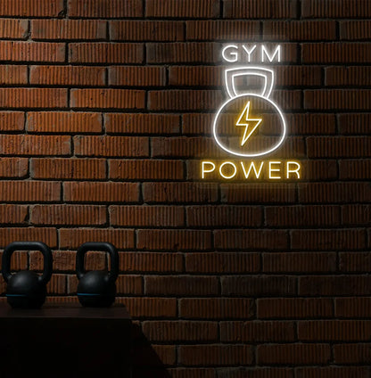 Image of a bright white GYM power LED neon sign for gym wall decor.
