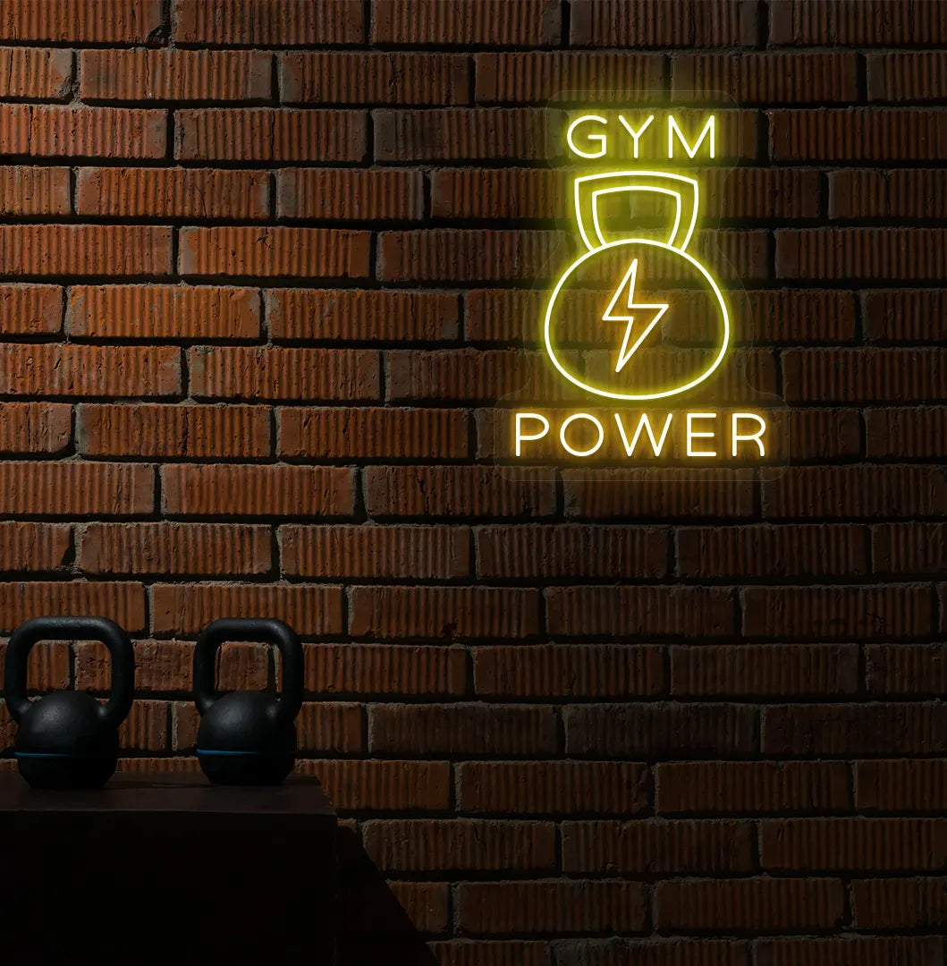 Yellow GYM power LED neon sign for workout room wall setup.