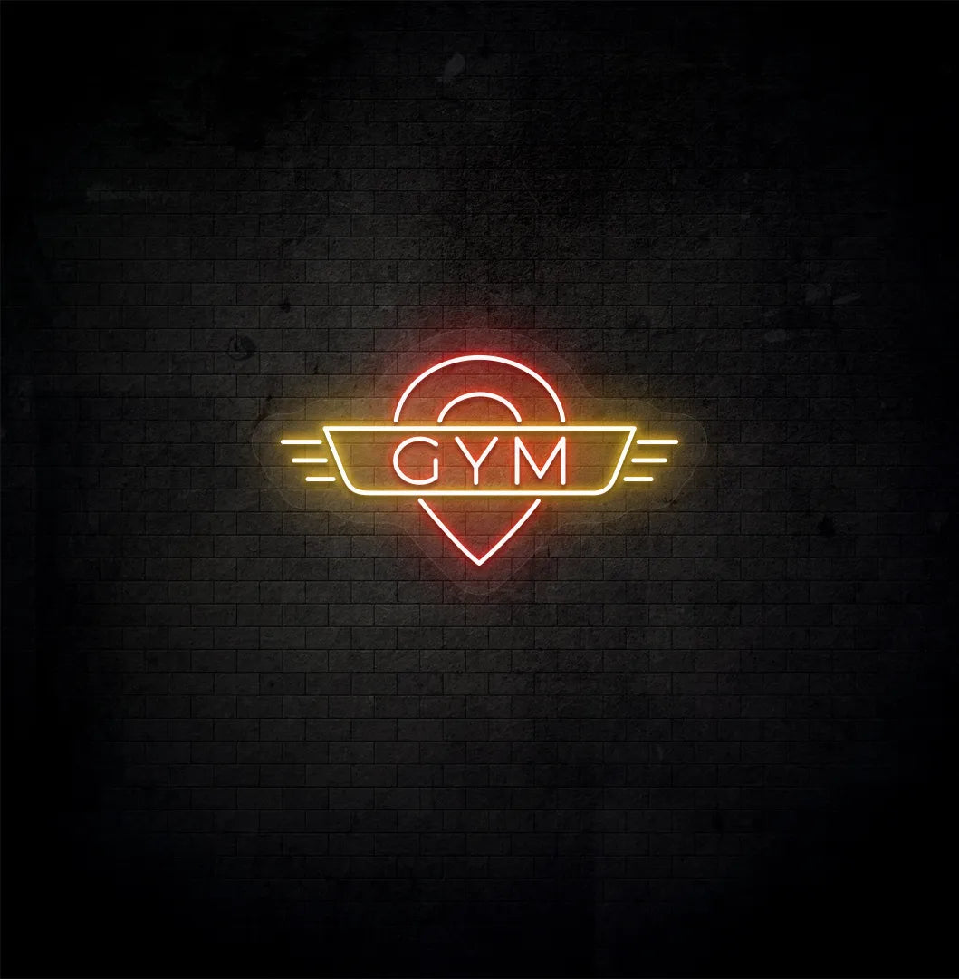 Image of an aesthetic gym wall with GYM neon sign glowing red.