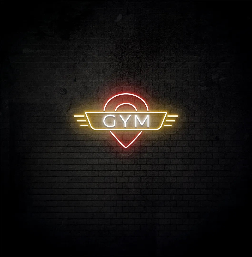 Image of an aesthetic gym wall with GYM neon sign glowing white.