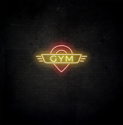 Yellow GYM LED neon sign for workout room wall setup.