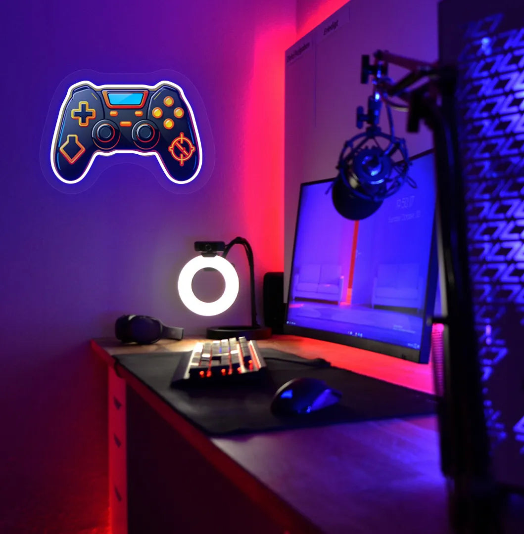 Image of a "Game controller" neon sign in blue color mounted on gaming room wall.