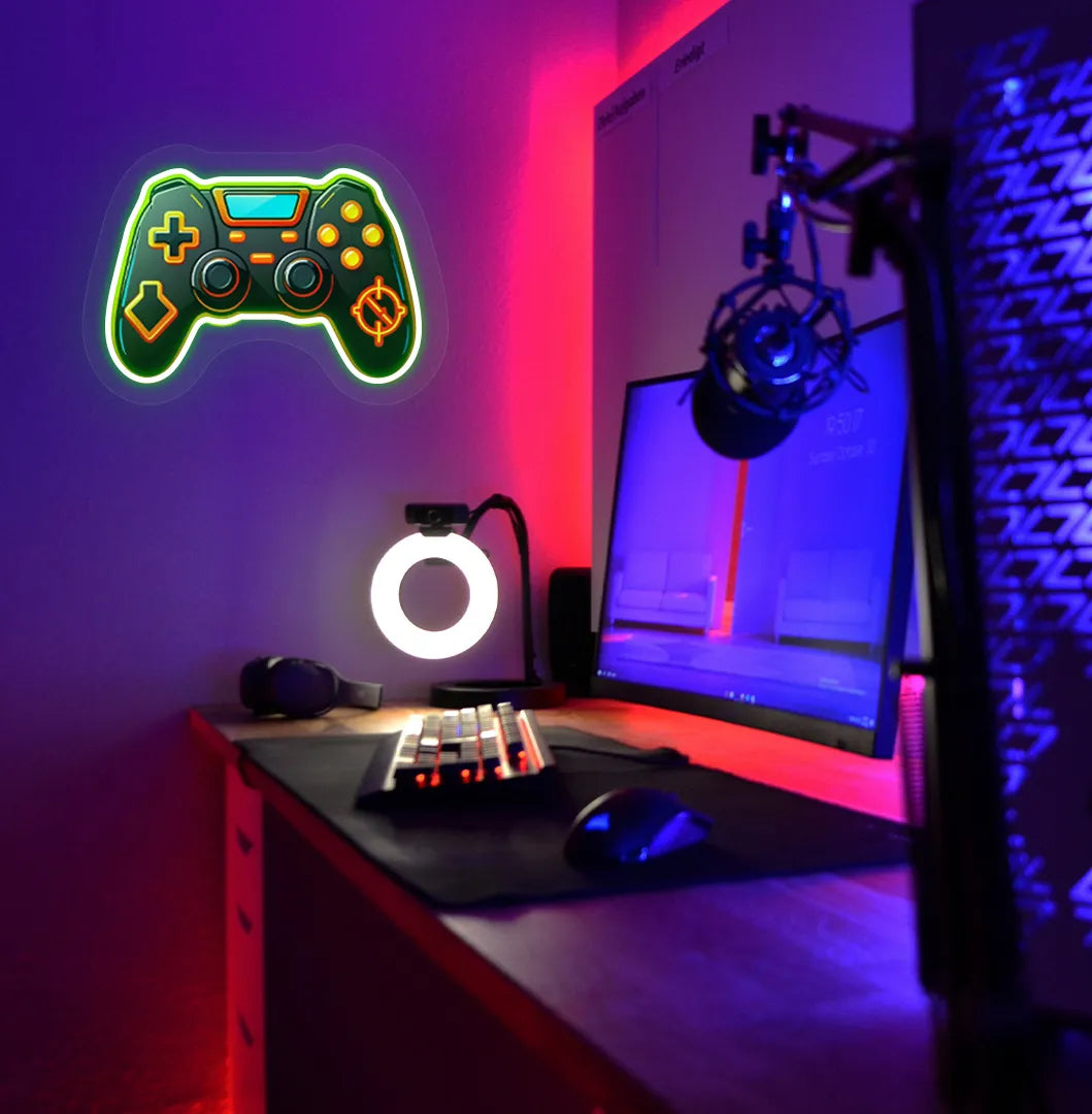 Stylish "game controller" LED neon sign in green mounted on gaming room wall.
