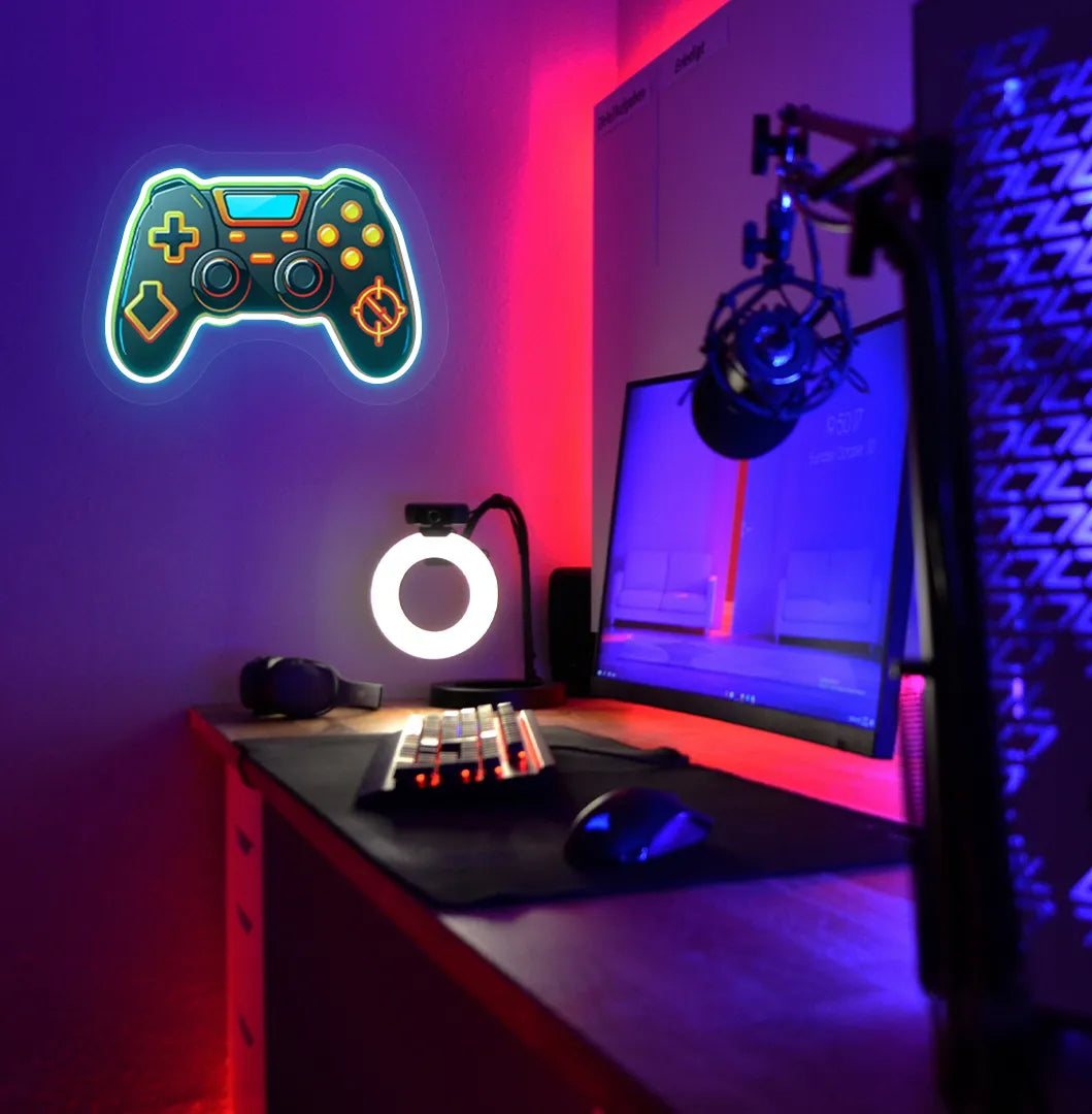 Image of a "Game controller" neon sign in ice blue color mounted on gaming room wall.