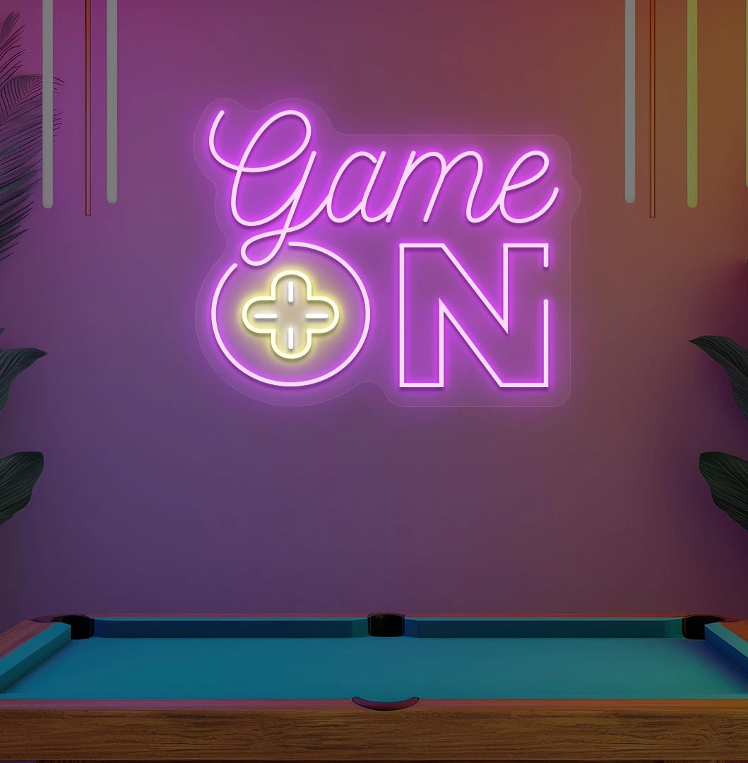 Game On neon sign glowing purple on aesthetic wall in home entertainment area