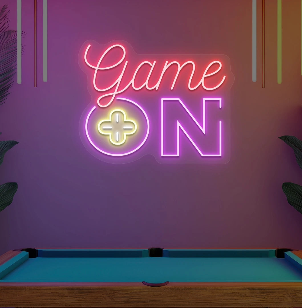 Image of a "game on" LED neon sign glowing on an aesthetic wall in red.