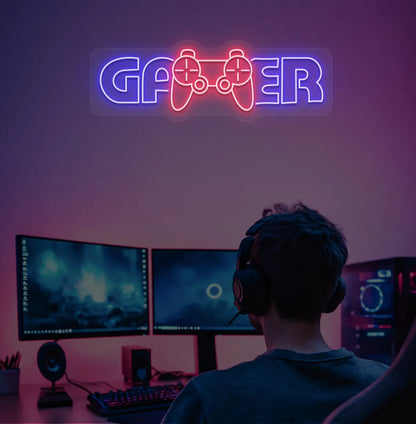 Image of a gamer neon sign mounted on gaming room wall in blue color.
