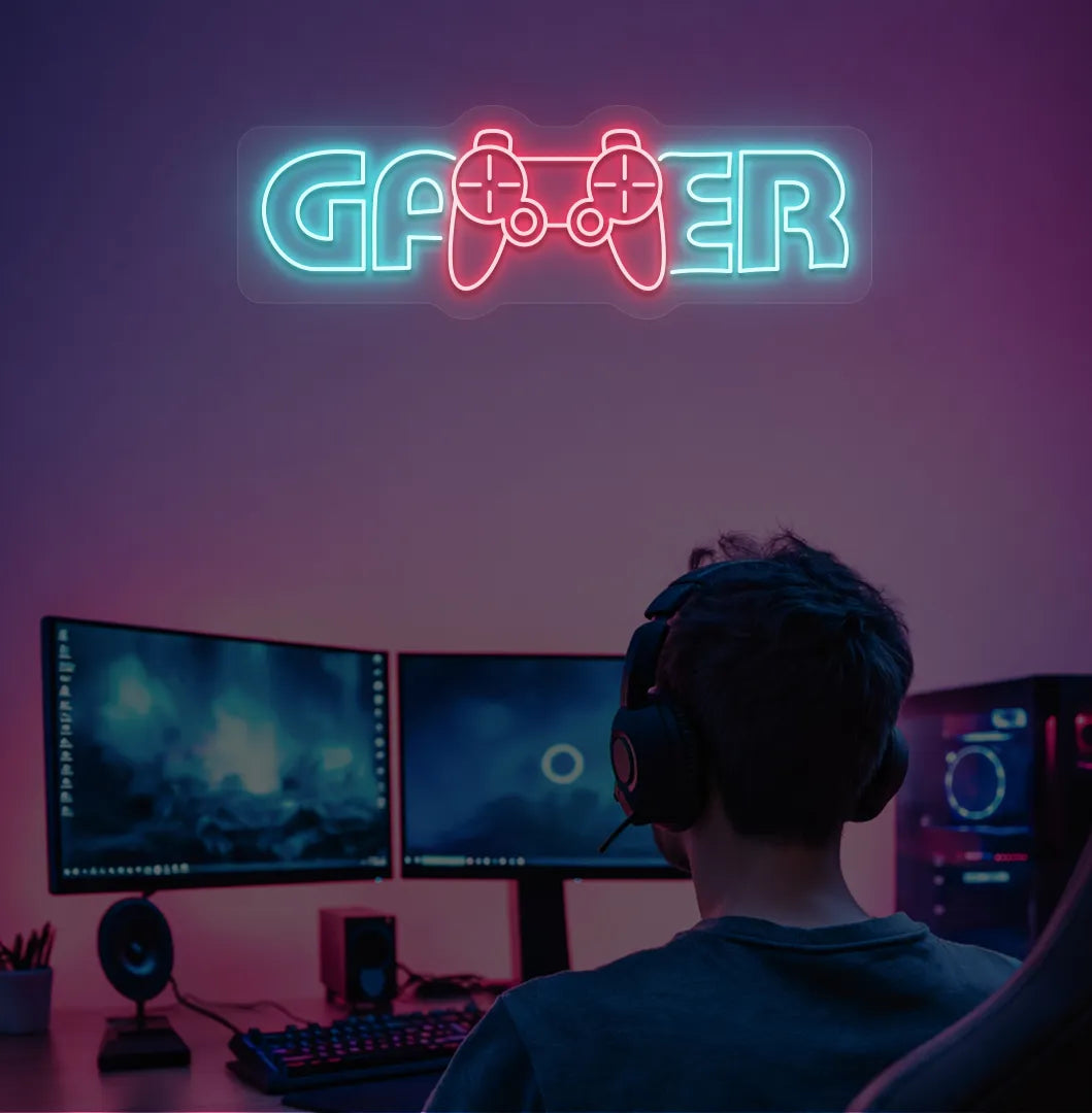 Image of a gamer neon sign mounted on gaming room wall in ice blue color.