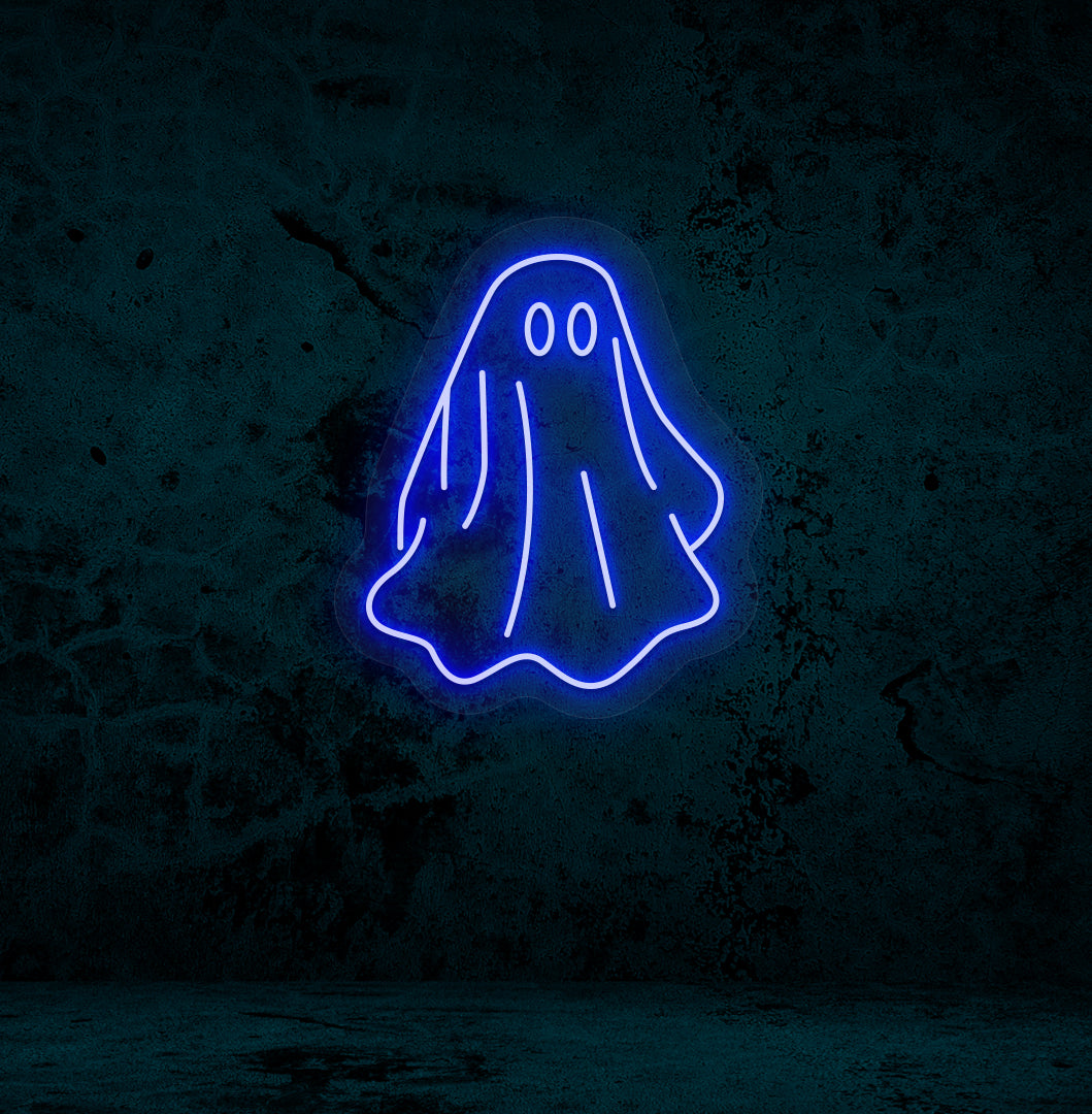 Image of a ghost LED neon sign mounted on a wall in blue color.