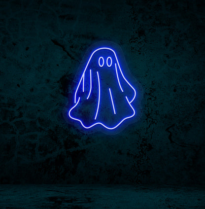 Image of a ghost LED neon sign mounted on a wall in blue color.