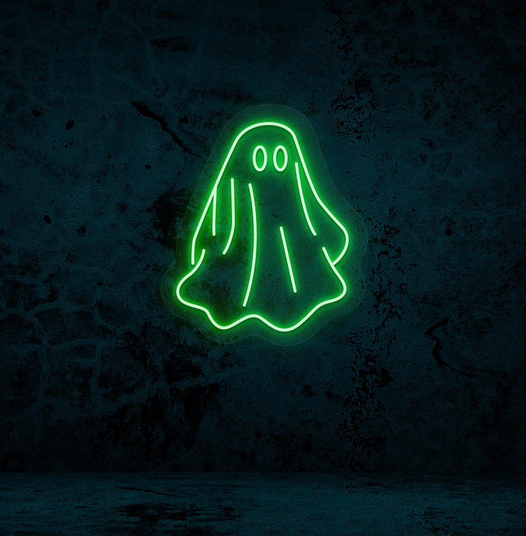 Stylish green LED ghost neon sign mounted on wall.